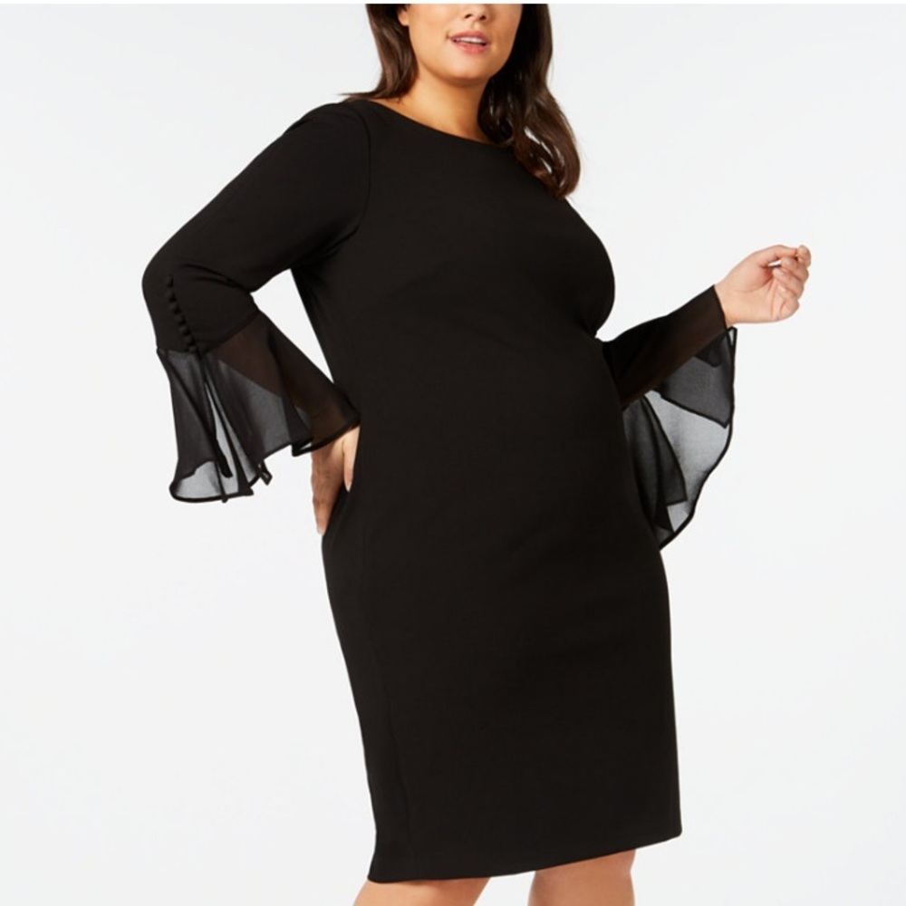Calvin Klein's‎ dress skims  stretch, with button-accent bell sleeves for flair.